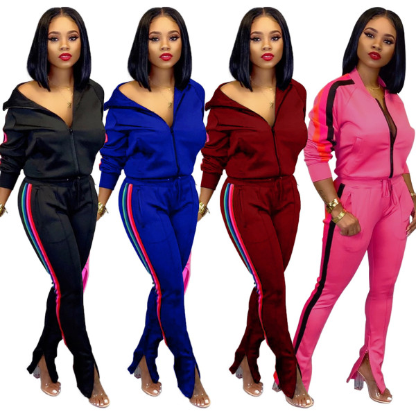Casual Striped Patchwork Sets Zipper Coat Elastic Waist Pants SY8396