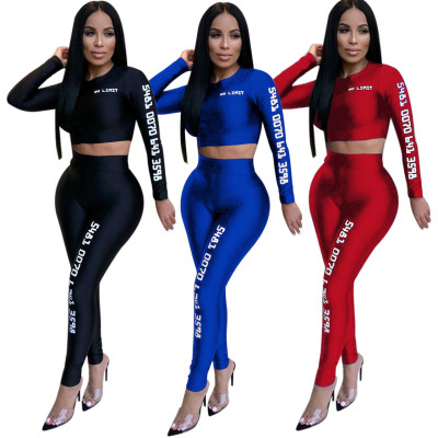 Women Solid Letters Printing Bodycon Track Suits M842