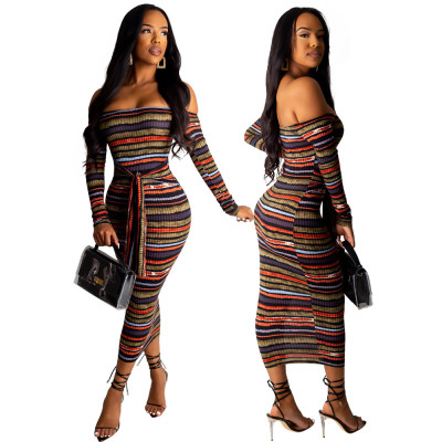 Women Slim Bodycon Tied Ribber Off Shoulder Midi Dress WY6595