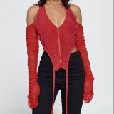 Sexy Solid Color Zipper V-Neck Strapless Backless Mesh Sleeves Mini Top K20546T