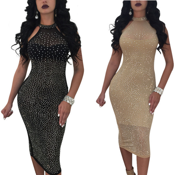 Sexy Sleeveless Rhinestone Pattern Slim Midi Dress SC367