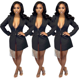 Black Business Suit Long Sleeves Midi Dress With Tassel SDD9188