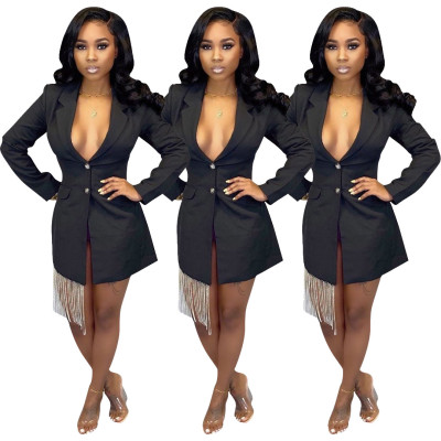 Black Business Suit Long Sleeves Midi Dress With Tassel SDD9188