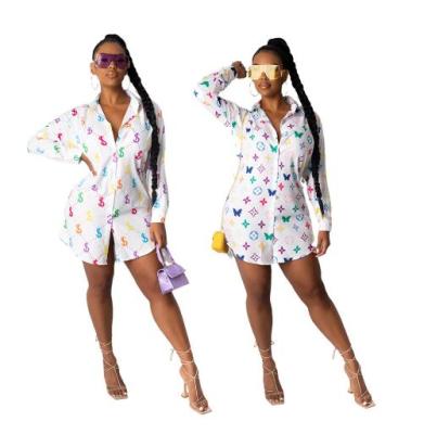 Fashion Printed Long Sleeves Loose Mini Shirt Dress KZ169
