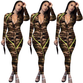 Explosion Models Slim Bodycon Zipper Camouflage Jumpsuit ED8136