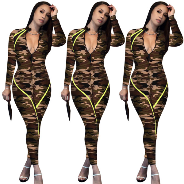 Explosion Models Slim Bodycon Zipper Camouflage Jumpsuit ED8136