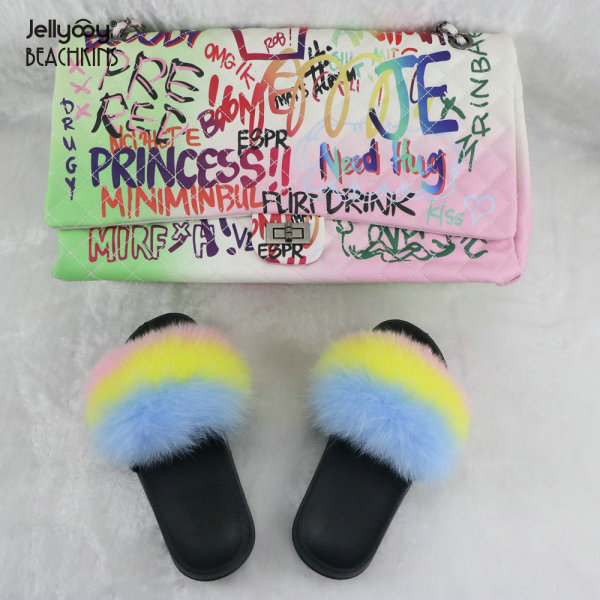 Painted graffiti chain bag with color fox fur grass ladies sandals and slippers bag set JBD004