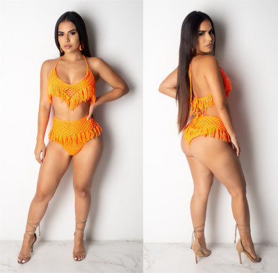 Hollow Out Sexy Perspective Tassel Orange Shorts Suits D8280