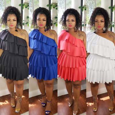 Sexy Solid Color One Shoulder Ruffle Plus Size Mini Dress YFS1294