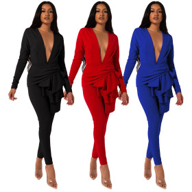 Deep V Collar Ruffle Top Plain Color Skinny Pants Women Sets GL6210