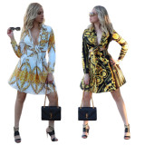 Printed Women Casual Sets Button Down Tied Shirt Short Skirt YZ1977