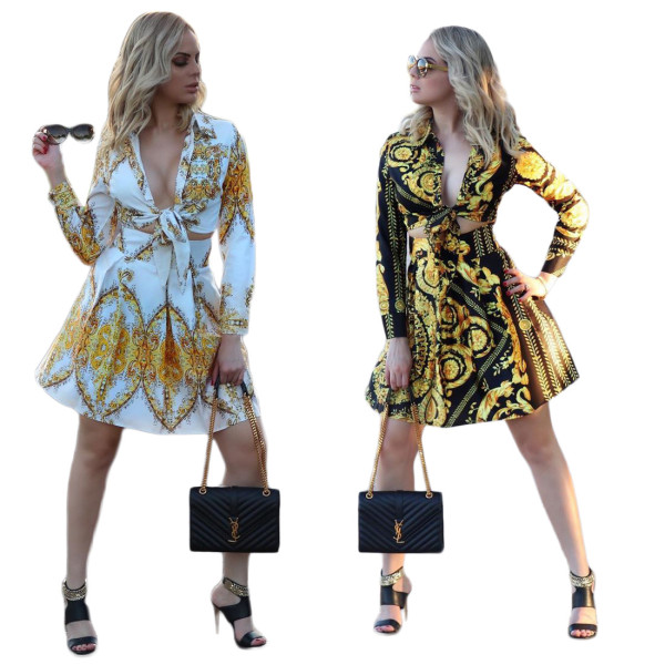 Printed Women Casual Sets Button Down Tied Shirt Short Skirt YZ1977