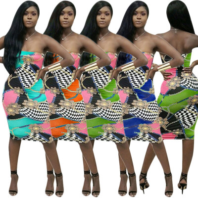 Factory Price Mature Women Printing Off Shoulder Midi Dress CM599