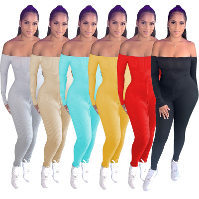 Womens Ribbed Plain Shoulder Long Sleeve Jumpsuit TRS1063
