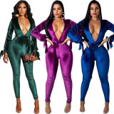 Stylish Bandage Deep V Collar Bodycon Jumpsuit SN3450