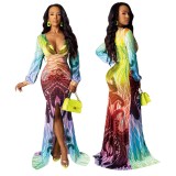 Hot Sexy Printing Colorful Split V Neck Floor Length Dress SMR9482