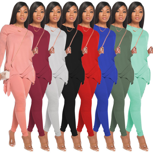 Fashion casual solid color bow long sleeve two-piece suit XZ1098