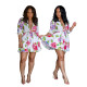 Trendy Holiday Flower Printing V Collar Mini Dress For Ladies BS1087