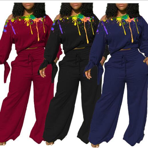 Fashion Graffiti Slash Neck Long Sleeves Mini Top With Wide Leg Pants Two Piece Set CY8027