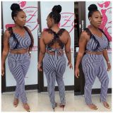 Lace Patchwork Bandage Crop Top Sexy Stripe Pencil Pants S6173