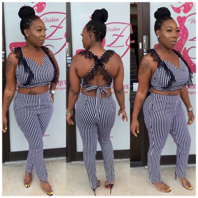 Lace Patchwork Bandage Crop Top Sexy Stripe Pencil Pants S6173