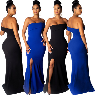 Elegant Pure Color Dew Shoulder Split Dress For Party R6200
