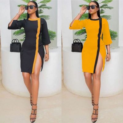 Leisure Color Splicing Slim Bodycon O Neck Split Dress LSN727