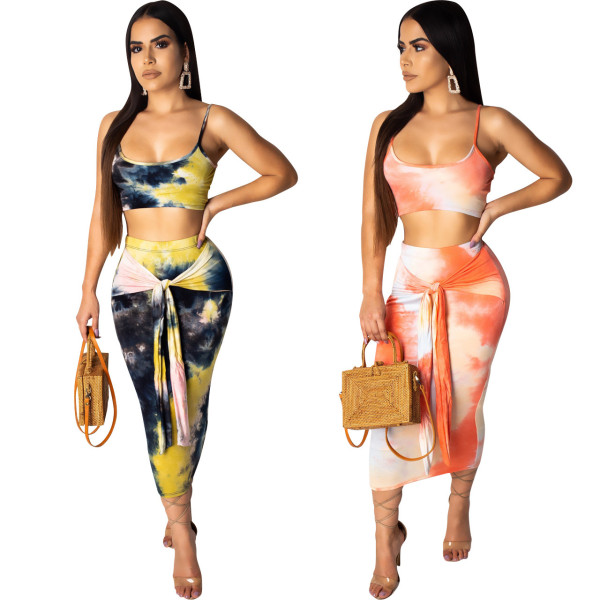 Leisure Sets Condole Belt Top Slim Mid Skirt CY1144