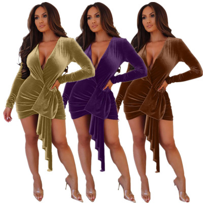 Hot Irregular Winter Pleated V Neck Short Dress YT3090