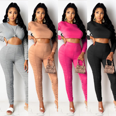 Sexy Pleated Solid Color Round Neck Long Sleeves Cropped Top With Trousers Two Pieces Set CYF3687