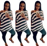 Fashion Striped Printed Round Neck Short Sleeves T-Shirt With Trousers Two Piece Sets CQ021