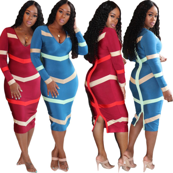 Striped Patchwork Women Zipper Bodycon Midi Dress RB3023