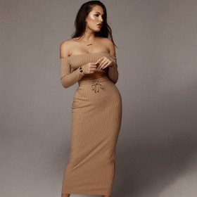 Sexy word collar wrapped chest long sleeve dress FD8293