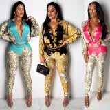 Sexy V-neck print long sleeve jumpsuit NS4400