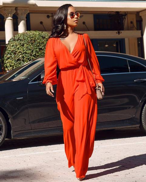 Wholesale Loose V Collar Orange Women Jumpsuit DN8209