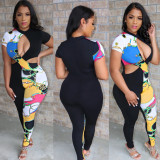 Fashion casual sexy printed short sleeve jumpsuit W8262