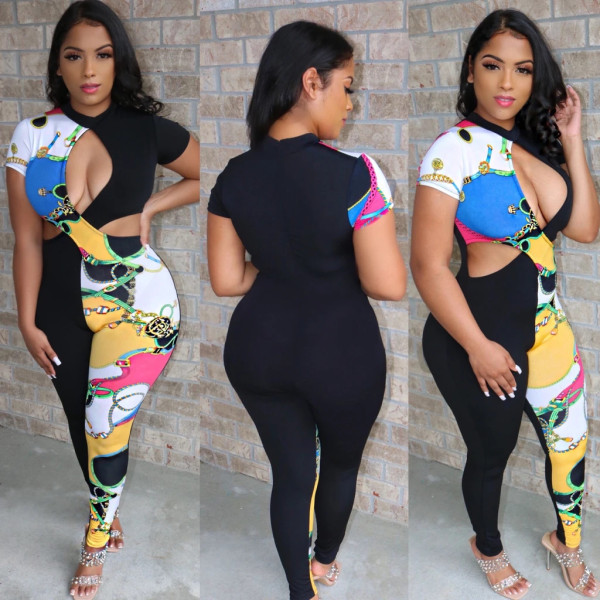 Fashion casual sexy printed short sleeve jumpsuit W8262