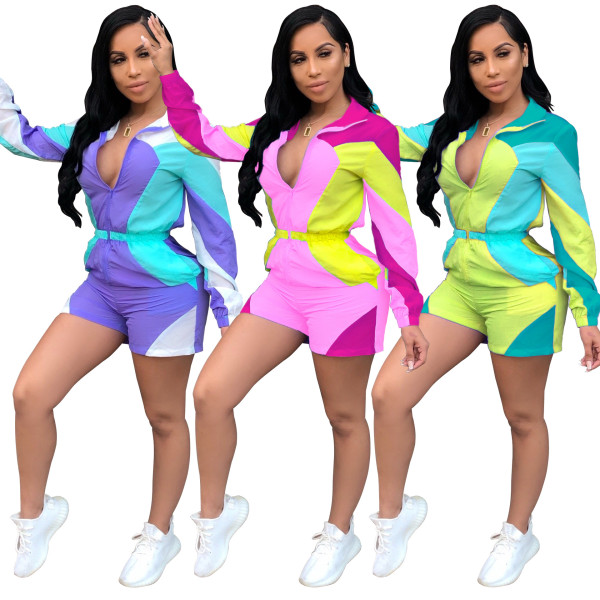 Colors Patchwork Elastic Waist Short Jumpsuit With Zipper QZ4060
