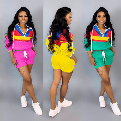 Wholesale Sport Color Patchwork 2 Pieces Shorts Suits LD8292