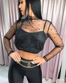Black Mesh Beading Sexy Crop Tops W8148