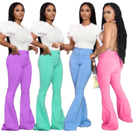 Solid color denim flared pants sexy women QQ5020
