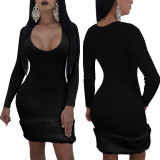 Wholesale Price Ladies Round Collar Fur Splicing Black Dress QQM3902