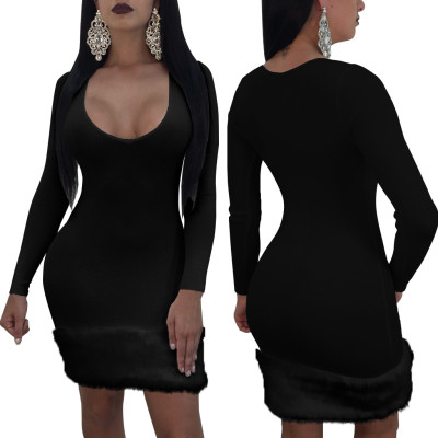 Wholesale Price Ladies Round Collar Fur Splicing Black Dress QQM3902