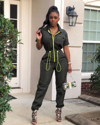 Sport Zipper Short Sleeves Elastic Waist Long Jumpsuit W8228