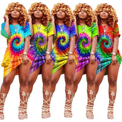 Street Style Oblique Shoulder Tie Dye Female Dress With Pocket YT3163