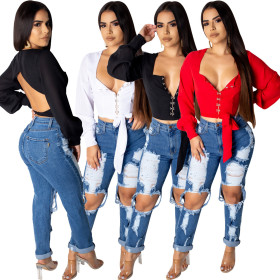 Pure Color Women Long Sleeves Low-Cut Top R6186