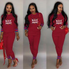 Fashion Letters Printed Women Long Sleeves Cotton Sets Wine Red H1062-1