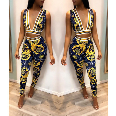 Women Printing Suits Sleeveless Deep V Neck Top Slinky Pants D8191