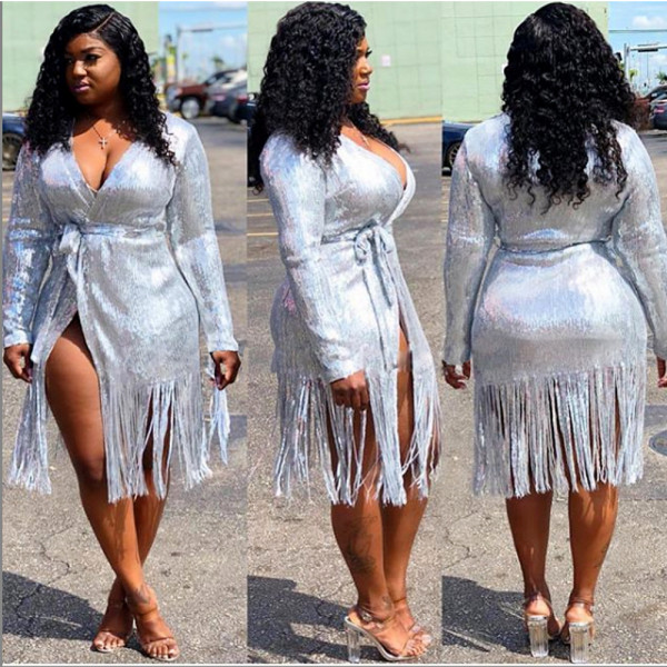 Fashion Sequins Loose Tassel Long Cloak SN3497