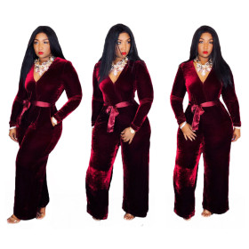 Casual V Neck Velvet Wide Leg Jumpsuits JH072
